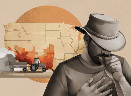 Illustration of a man coughing in front of a map of the United States and a tractor.