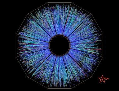 Computer display showing the tracks of hundreds of charged subatomic particles