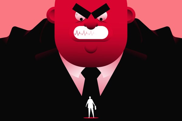 Illustration of an employee in silhouette in front of a giant angry boss looming above with a red face and furrowed brow