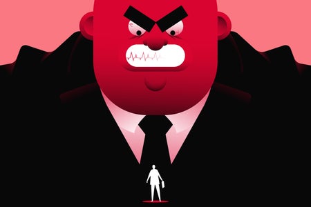 Illustration of an employee in silhouette in front of a giant angry boss looming above with a red face and furrowed brow