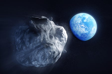 Illustration depicting a large meteor breaking up and heading towards planet Earth