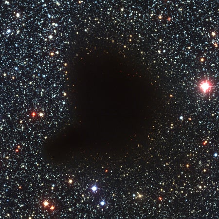 This photograph shows an unusual sky field in the Milky Way band. It is centered on one of the classical, dark globules, known as Barnard 68 (B68). It appears as a compact, opaque and rather sharply defined object against a rich, background star field.