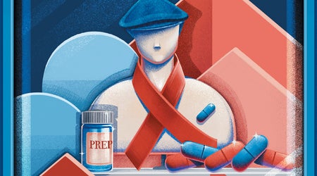 Animated illustration of two people looking at HIV drugs through a window.