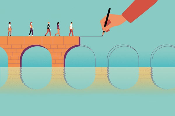 Illustration of a hand drawing a bridge, and five people walking on the bridge