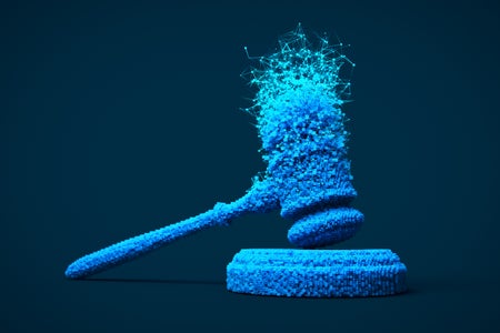 Conceptual digital illustration, 3D gavel with particles and connections