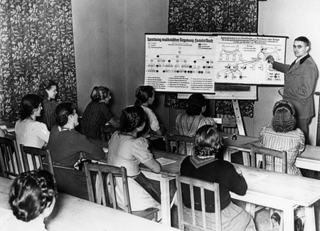 Historical black and white photograph of students in a classroom sitting at desks as an instructor uses a poster to teach family and race policy in Nazi Germany