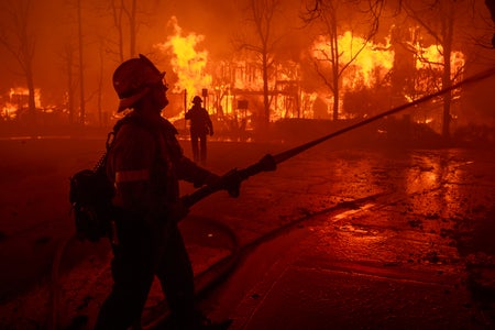 A Firefighter uses a water hose to battle the Eaton Fire in strong winds as many homes burn on January 7, 2025 in Pasadena, California. More burning homes, completely engulfed in flames, can be seen in the background along with a second firefighter in the distance