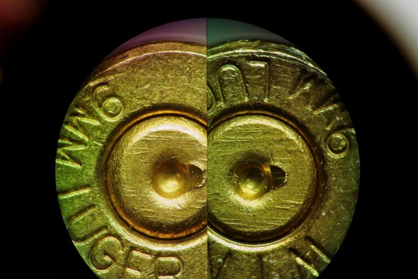 Forensics training image showing side-by-side comparison of cartridge cases from fired bullets seen through a microscope. Right image is a test from suspect firearm and the left image is a cartridge case from a crime scene