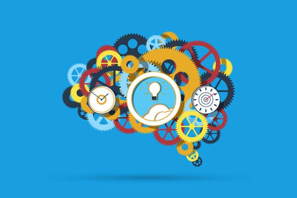 Illustration of multiple mechanical wheels making the shape of a brain, against a blue background