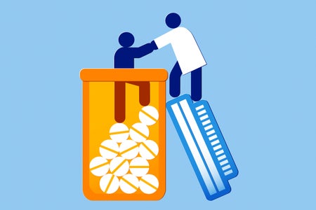 Illustration of a person being helped out of a bottle by a healthcare worker