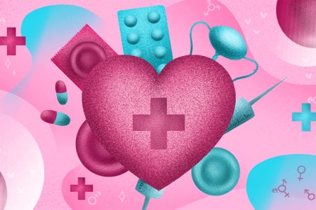 Vector illustration with a grain overlay depicting various forms of birth control including condoms and contraceptive pills centered around and slightly behind a heart emblazoned with a medical or red cross symbol