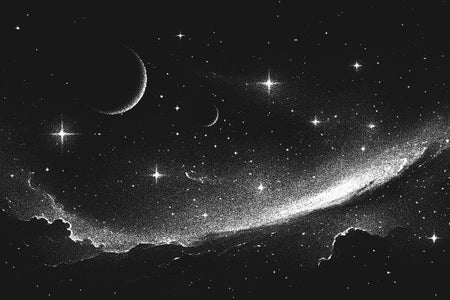 Deep space illustration in stippling style with spiral galaxy, glowing nebula and stars