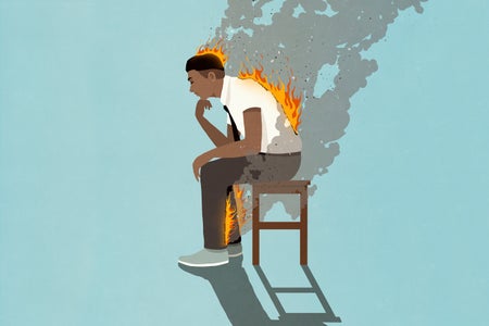 Illustration of person sitting in chair in slumped over position, head resting on hand, while their back, head, and legs are on fire