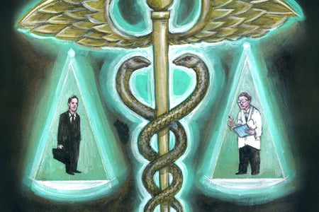 Illustration of doctor and insurance agent standing on scales hanging from a medical cross symbol