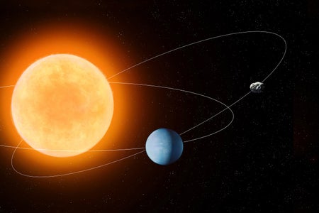 Illustration of the orbital path of a large asteroid crossing the orbit of a planet representing Earth around the Sun