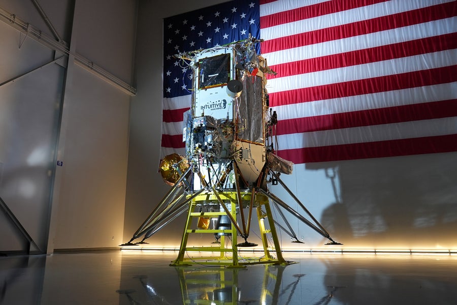 Intuitive Machines’ IM-2 mission lunar lander, Athena, in the company’s Lunar Production and Operations Center