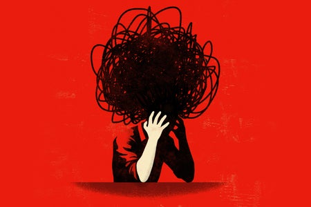 Illustration of a person seated with their head in their hand, appearing overwhelmed or distressed. The individual's head is replaced by a tangled, scribbled mass that engulfs and obscures it