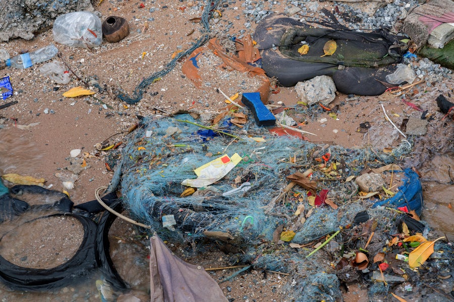 Plastic and microplastic washed up on beach