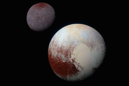 A composite of enhanced color images of Pluto (lower right) and Charon (upper left), taken by NASA's New Horizons spacecraft as it passed through the Pluto system on July 14, 2015. The color and brightness of both Pluto and Charon have been processed identically to allow direct comparison of their surface properties, and to highlight the similarity between Charon's polar red terrain and Pluto's equatorial red terrain. Pluto and Charon are shown with approximately correct relative sizes, but their true separation is not to scale. The image combines blue, red and infrared images taken by the spacecraft's Ralph/Multispectral Visual Imaging Camera (MVIC)