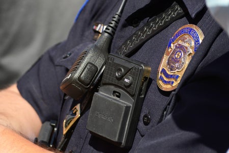 Close up of a police officer in Santa Fe, New Mexico, wearing a body-worn camera made by Digital-Ally