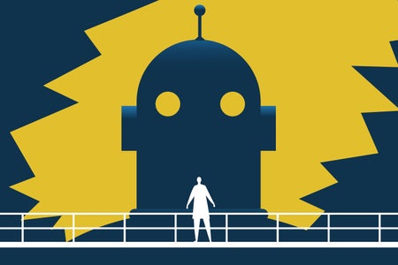 Vector illustration of a giant robot in silhouette looming over a scientist standing on an elevated catwalk