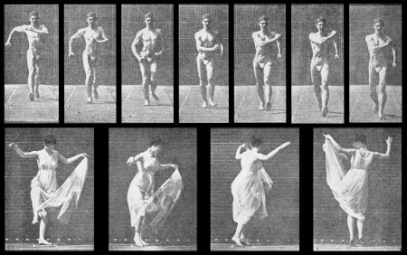 Motion pictures of a man walking and of a woman in a dress jumping