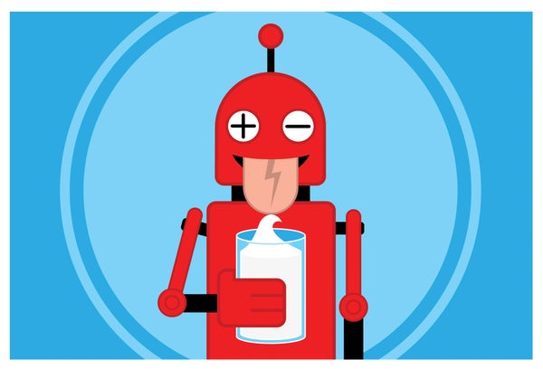 Illustration of a robot sticking out its tongue, holding a cup of a white drink