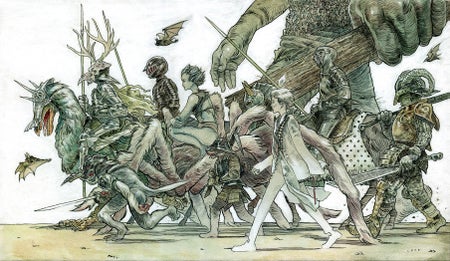 Illustration of various fictional characters appearing to prepare for a battle