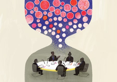 Illustration of an hourglass with people sitting around a table in a meeting at the bottom of the hourglass and colorful particles at the top of the hourglass