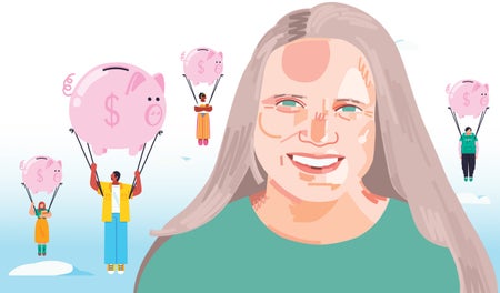 Illustration of a woman with blonde hair, and in the background people with piggy banks as parachutes