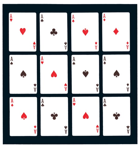 12 Ace cards, with multiple hearts, spades, clovers and diamonds in red and black