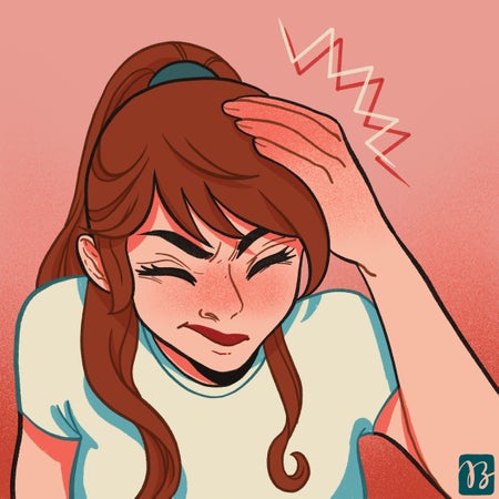 Illustration of a girl holding the top of her head after an apparent bonk.