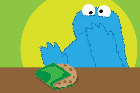 A blue creature hesitates before taking a cookie wrapped in money