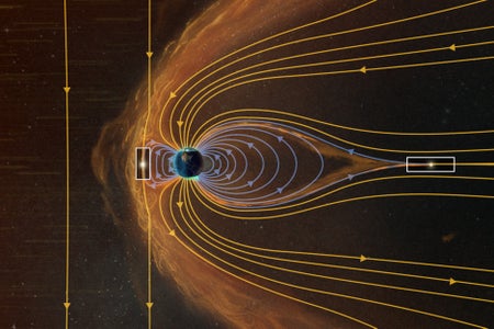 Illustration of Earth with magnetosphere lines drawn to represent conditions during a solar storm. A coronal mass ejection compresses Earth’s magnetosphere. The illustration is rendered in glowing orange, with green auroras visible on the dark side of Earth’s poles.