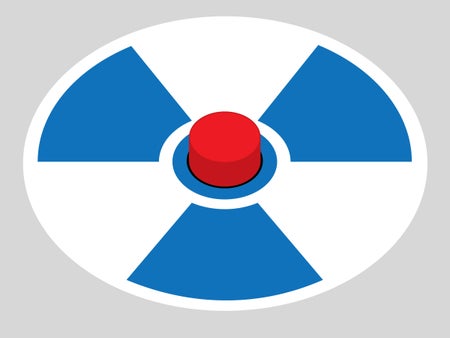 Drawing of a nuclear warning trefoil symbol with a button in the middle