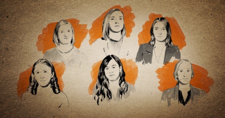 Illustrated portraits of six women looking defiant with heads shaded in orange backing