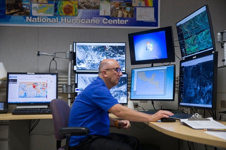 A Senior Hurricane Specialist works at the NOAA NWS National Hurricane Center in Miami, Florida.