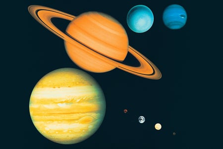 Vintage illustration of planets Mercury, Venus, Earth, Jupiter, Saturn, Uranus, and Neptune in a curved layout on a black background