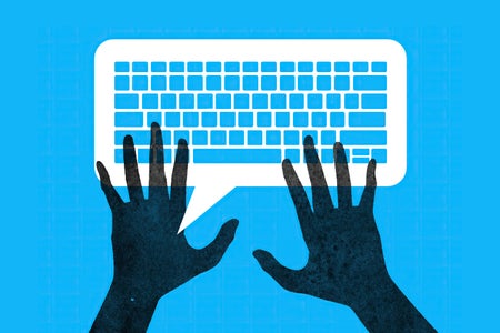 Illustration of hands typing on a keyboard shaped like a speech bubble, AI chat prompt concept