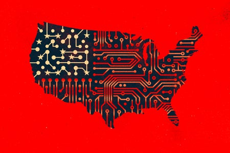 Illustration of the United States and the US Flag made out of technology patterns and circuit board designs