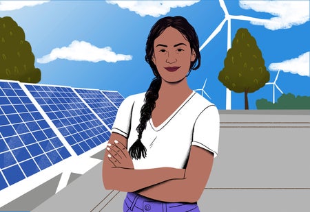 Woman with a braid standing confidently in front of solar panels and wind turbines under a blue sky