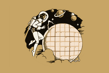 An astronaut with jetpack investigates a Sudoku grid nestled among planets in a retro illustration