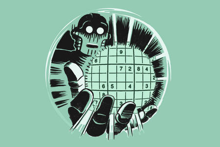 An illustrated robot holds out a luminescent orb with a Sudoku number grid inside